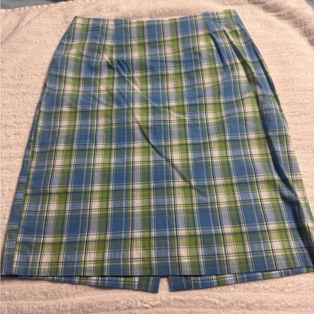 A. Byer Blue and Green Plaid Pencil Skirt